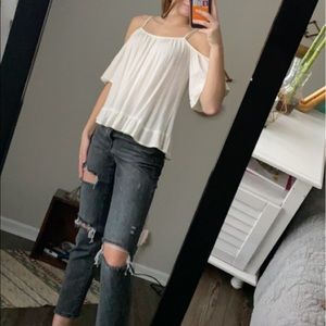 White off the shoulder top. LA Hearts